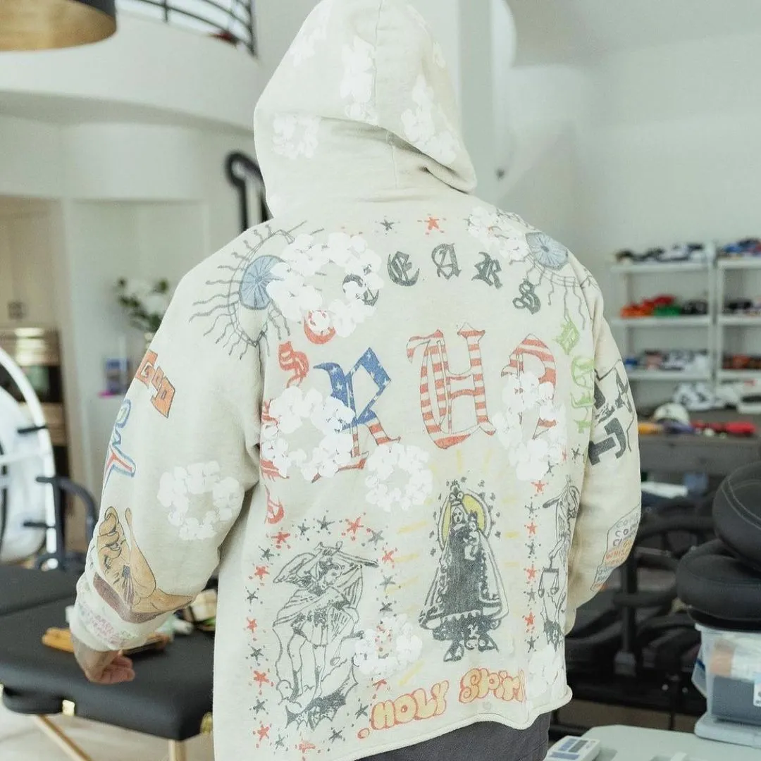 DENIM TEARS × ©SAINT M×××××× "SAINT TEARS" Graffiti Hoodie Joint Model Cotton Graffiti Hoodie Fully Printed Washed Distressed Holes Vintage Sweatshirt Gray S-XL Super Heavy Duty! The whole piece is printed with 35 screens and counterpoint printing!